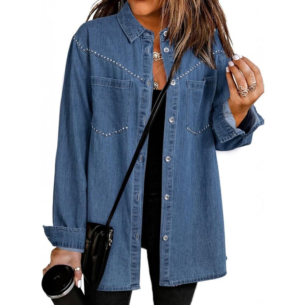 Women's Denim Shirt Long Sleeves Button Down V Neck Denim Jacket Sky Blue